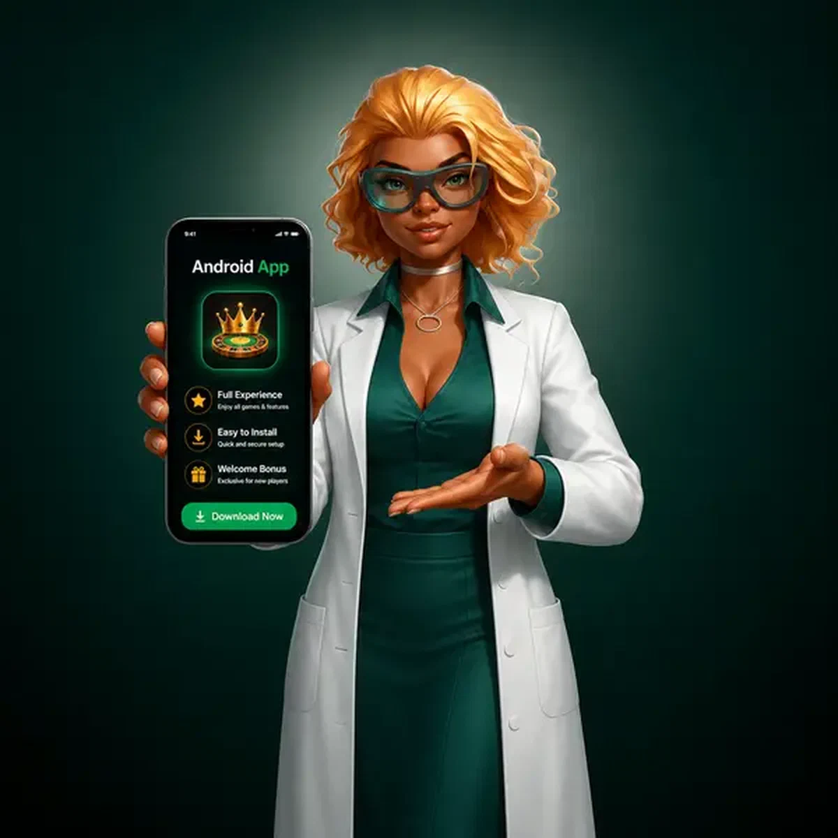 Donna sicura che presenta il download dell'app Android su smartphone luminoso presso Boomzino
