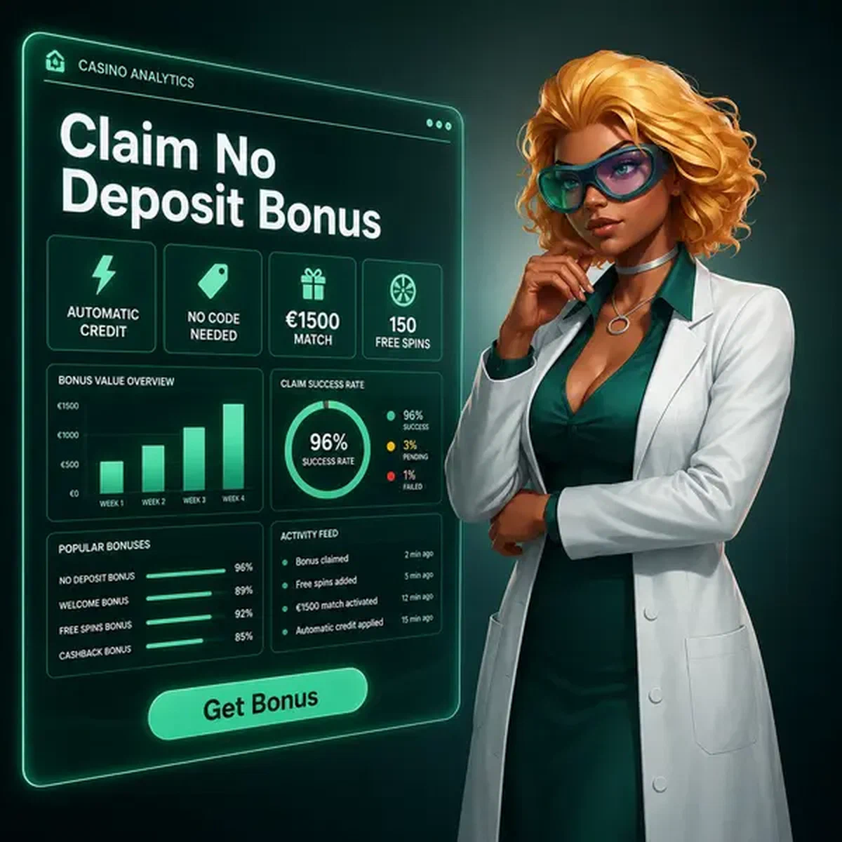 Analista femminile che esamina i dati del bonus senza deposito su schermo luminoso al Boomzino Casino