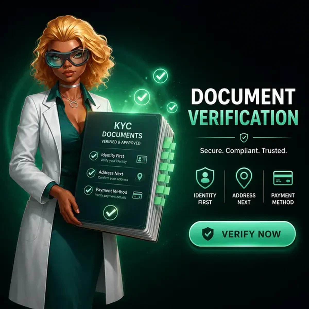 Analista che verifica documenti presso Boomzino Casino con segni di spunta di approvazione luminosi