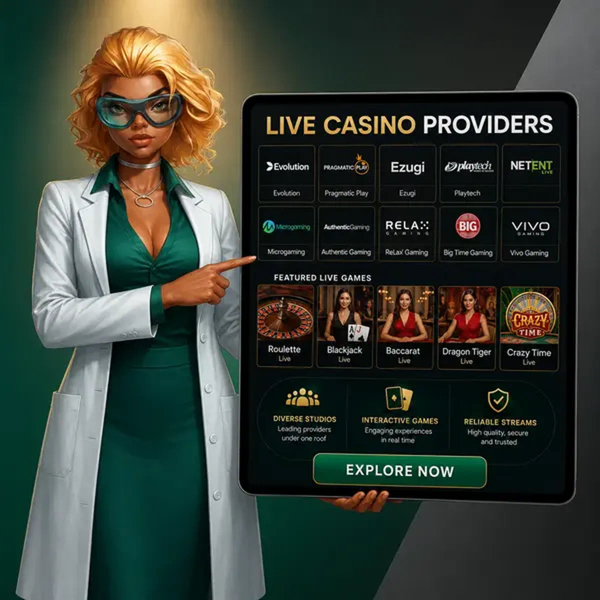 Analista femminile che evidenzia i provider di live casino su tablet presso lo studio di gioco Evolution