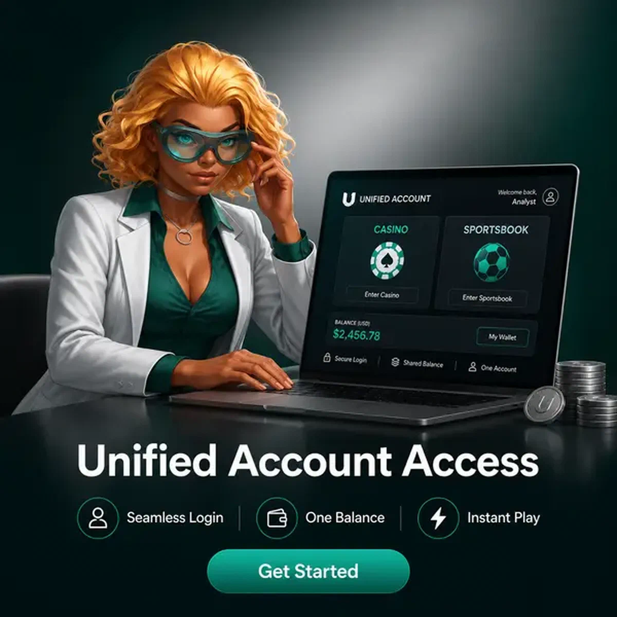 Analista che accede all'Architettura Account Unificata accedendo senza problemi alle funzionalità casinò e sportsbook