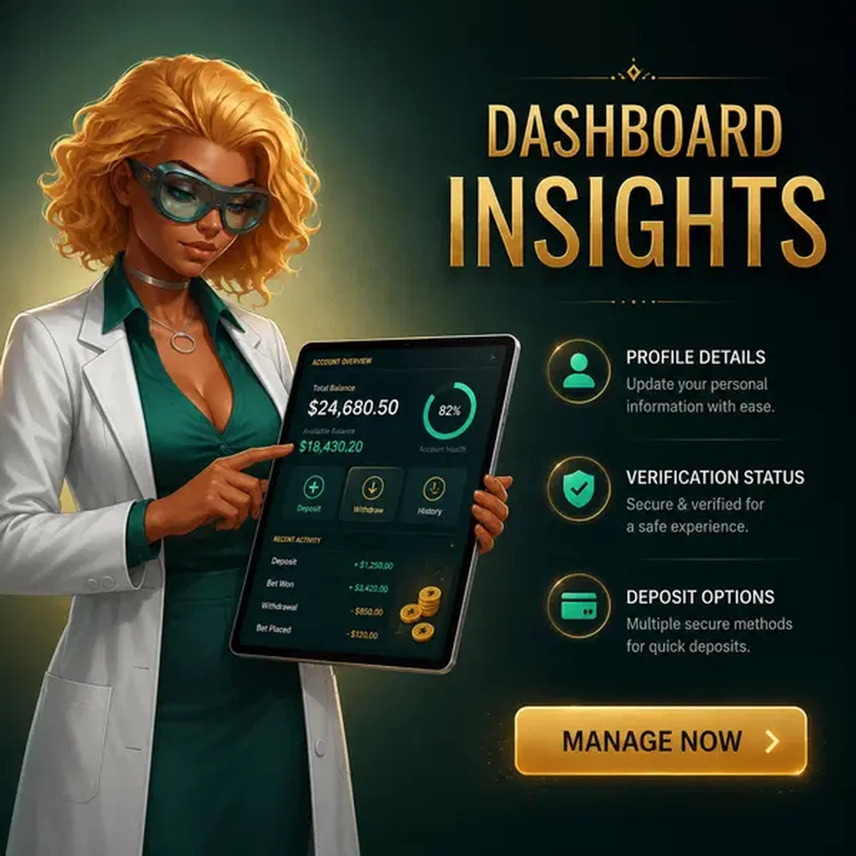 Analista professionista che esamina la Dashboard Account e l'interfaccia di login per la Gestione del Saldo su tablet
