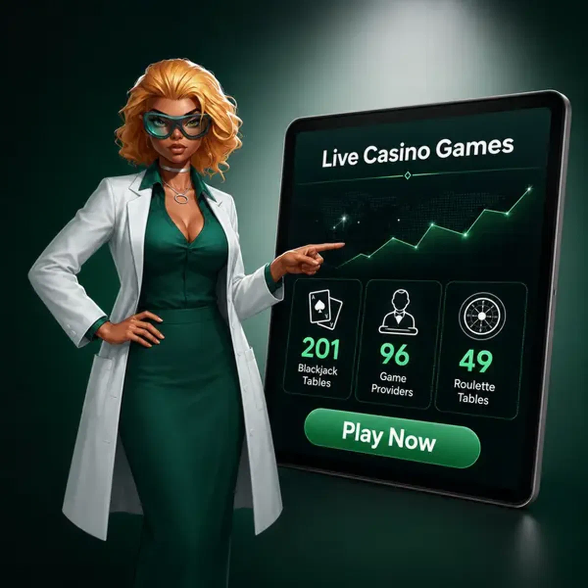 Analista professionista che indica il display dati del casino live su Boomzino Casino
