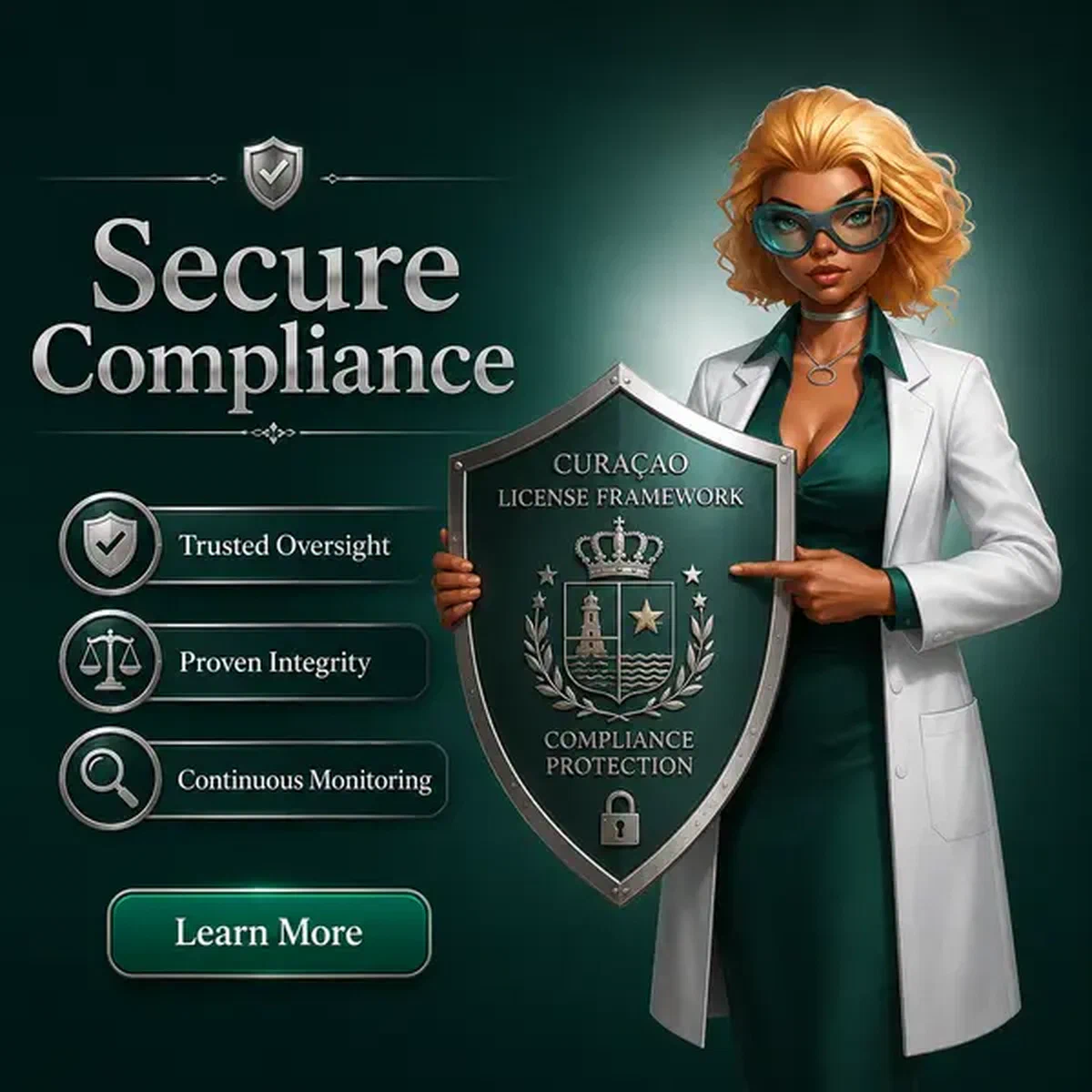 Analista professionale che presenta scudo di conformità presso il centro di verifica del Quadro di Licenza Curaçao e Protezione AML