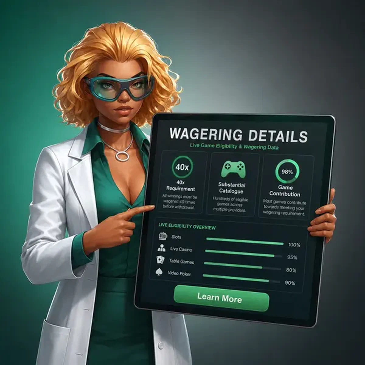 Analista professionista che esamina i dati di idoneità del gioco su tablet al Game Eligibility and Wagering Without a Deposit Casino